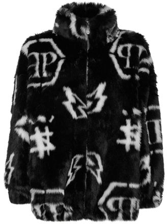 Philipp Plein monogram-print faux fur coat - women - Metallic Fibre/Polyester/Modacrylic - XS/S - Black