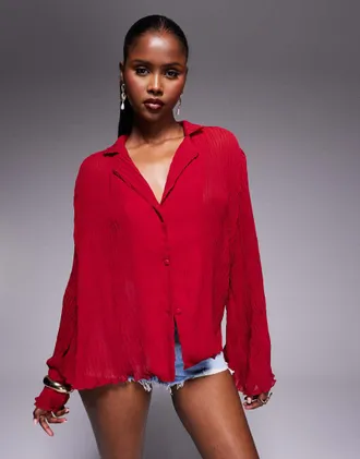 Princess Polly Camicia bordeaux plissé con maniche svasate e bordi smerlati-Rosso