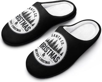 Generic Vintage Merry Christmas Logo Mens Slippers Slip On Comfortable Fleece Cotton House Shoes Winter