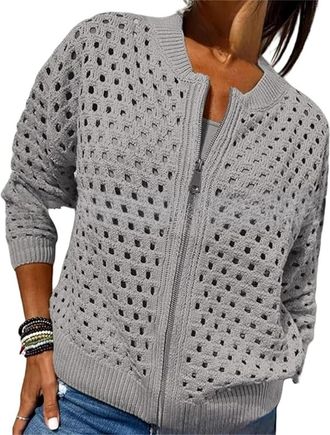 Generic Womens Casual Hollow Knitwear Zipper Jacket, Lightweight Crochet Fishnet Shrugs Sweater, Open Front Long Sleeve (Light Gray,xx_l)