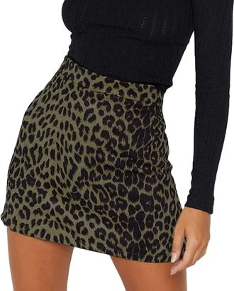 Feoya Womens High Waist Bodycon Skirt Short Faux Suede Leopard Print Skirt Ladies A Line Skinny Split Mini Skirts Dark Green S