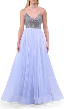 La Femme A-line Tulle Prom Dress with V-Neck Rhinestone Bodice in Light Periwinkle at Nordstrom, Size 10