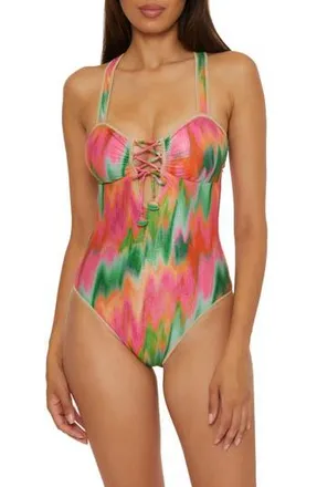 BECCA by Rebecca Virtue Mirage Metallic Lace-Up One-Piece Swimsuit in Pink Multi at Nordstrom Rack, Size Medium