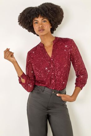 Roman Sequin V-Neck Stretch Blouse