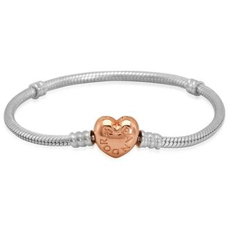 Pandora Sterling Silver And 14k Rose Gold-plated Moments Heart Clasp Snake Chain Bracelet, Size 18