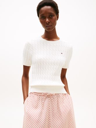 Tommy Hilfiger Kurzarmpullover »CO CABLE MID GG S/S C-NK SWT« mit Zopfmuster