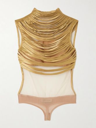 Andres Otalora Body In Charmeuse Di Seta E Mesh Con Frange Pulsos - Oro