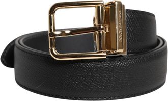 Dolce & Gabbana Grained Leather Gold Metal Buckle Belt - Black