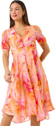 Roman Womens Abstract Floral Print Hanky Hem Dress - Orange - Size 18 UK
