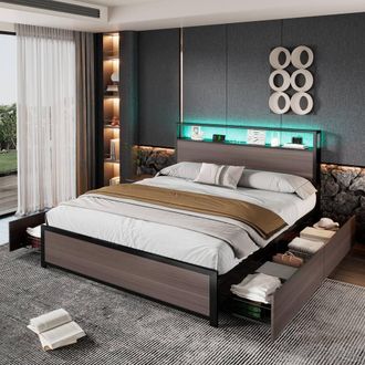 Merax Double Industrial Metal Bed with Storage LED Headboard & 4 Drawers in Grey