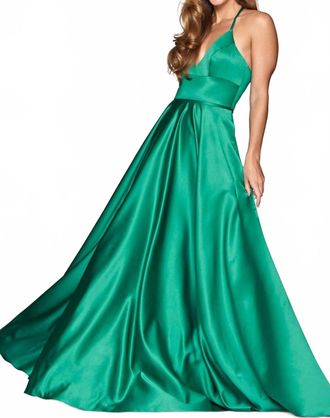 Faviana Satin Evening Gown In Jade