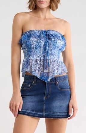 Madden Girl Floral Smocked Convertible Strapless Crop Top in Dusty Blue Multi at Nordstrom Rack, Size X-Large