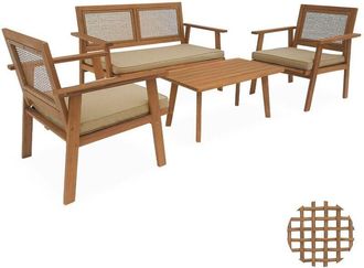Sweeek Acacia wood and cane garden set 4 seats, Bohémia, Natural, 117x64x74 cm