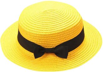 Generic Straw Boater Hats for Women Men Cute Bowknot Sun Protecion Foldable Packable Summer Panama Hat Unisex Travel Vacation Beach Hats Yellow