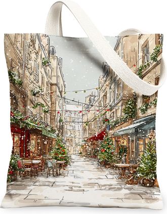 Generic Winter Street Art Canvas Tote Bags, Holiday City Landscape Reusable Grocery Bags, Vintage Lightweight Washable Shoulder Str, Multicolor, 13x15 Inch
