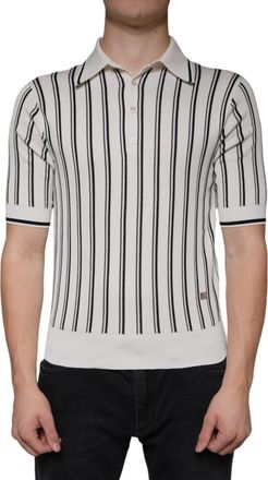 Dolce & Gabbana Mens Striped Knit Polo Shirt - White Silk - Size EU 44 (Mens)