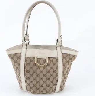 Gucci Beige Leather Canvas Handbag Shoulder Bag Tote Bag (Pre-Owned)