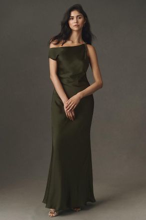 BHLDN Sienna Off-The-Shoulder High-Shine Satin Maxi Dress