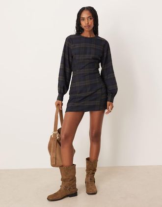 Asos Vestito corto a maniche lunghe blu a quadri stretto in vita-Multicolore