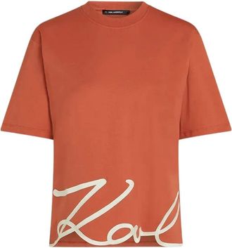 Karl Lagerfeld Tops, Dames, Oranje, S, Katoen, Signature-hem T-shirt