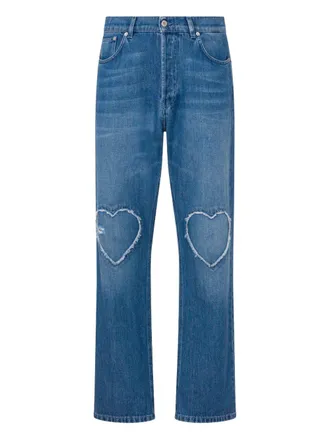 Moschino Straight-Leg Jeans With Frayed Heart-Shaped Patches