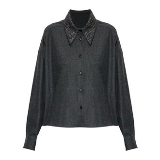 Fabiana Filippi Overhemden, Dames, Grijs, S, Wol, Wol T-shirt met Decoratieve Kraag
