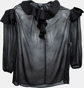 Just Cavalli Black Printed Chiffon Ruffle Trimmed Cold Shoulder Blouse
