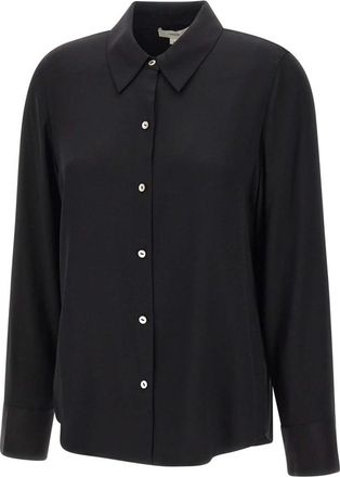 Vince Overhemden, Dames, Zwart, XS, Leer, Zijden Mix Slim Blouse met Knopen