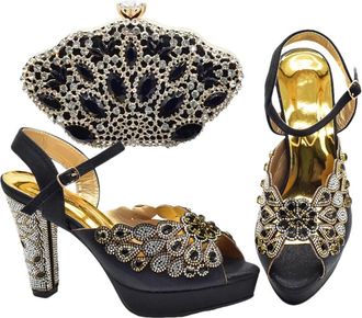 Generic Womens Peep-Toe Pumps Luxury Rhinestone Hollow Out Design Bag and Shoes Matching Set for Bride Wedding Black