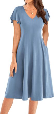 Grace Karin Womens A-Line Black Summer Dresses Ladies Ruffled Short Sleeves Midi Dress Cocktail Wedding Guest Gray Blue L