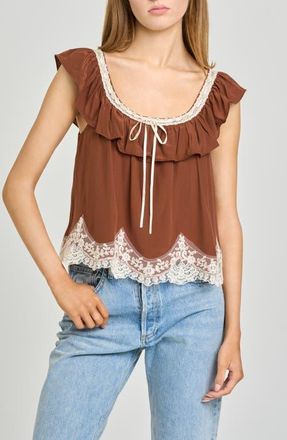 Wayf Wendy Lace Trim Ruffle Collar Top in Chocolate at Nordstrom, Size X-Large