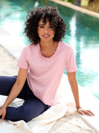 Heine Kurzarmshirt HEINE T-Shirt, Damen, Gr. 34, rosenholz, meliert, 100% Baumwolle, gemustert, V-Ausschnitt, Shirts Kurzarmshirt