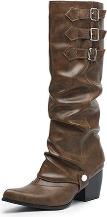 Generic Womens Knee High PU Leather Boots Pointed Toe Buckle Straps Mid Block Heels Side Zipper Soft Upper Cushioned Insole Comfortable Non Slip Daily Casual 