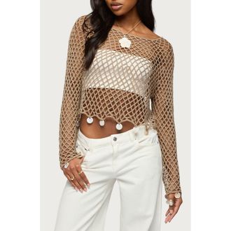 Edikted Macerena Iridescent Disc Open Stitch Top in Taupe at Nordstrom, Size X-Large