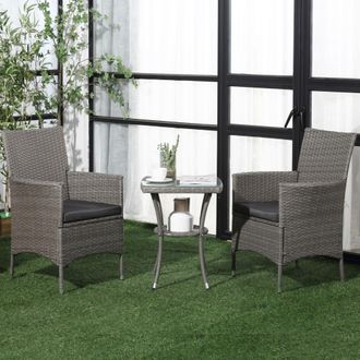 OUTSUNNY 3PC Rattan Furniture Bistro Set Garden Table Chairs Patio Outdoor in Light Grey