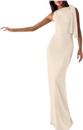 Generic Womens Asymmetric Bodycon Midi Dress with One Shoulder and Tie Belt in Elegant French Style Evening Dress Wedding, beige, S