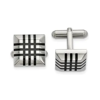Diamond2Deal Stainless Steel Polished with Black Rubber Stripes Cufflinks