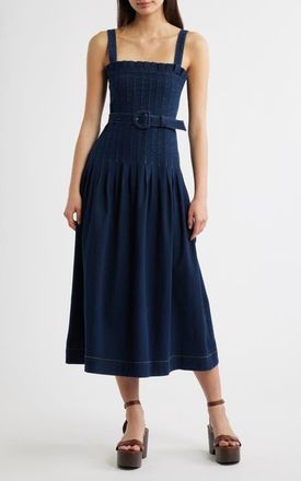 Moon River Pleated Belted Cotton Blend Denim Midi Dress in Indigo at Nordstrom, Size Medium