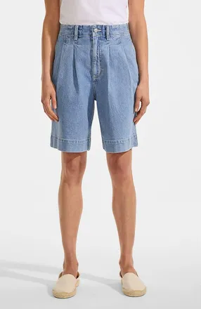 Lands End Soft Denim High Rise 7 Pleated Trouser Shorts in Hutton Blue Wash at Nordstrom, Size 14