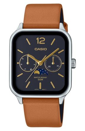 Casio Moonphase Leather Strap Watch, 44.5mm x 34mm in Brown at Nordstrom