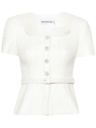 Self Portrait U-neck boucl&eacute; top - women - Polyester/Acrylic/Wool/Polyester - 10 - Neutrals