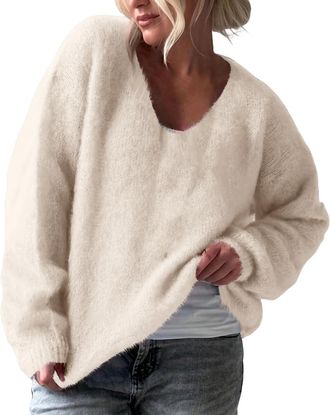 Generic Fluffy V Neck Oversized Jumpers for Women UK Soft Warm Long Sleeve Pullover Relaxed Fit Fuzzy Knit Chunky Sweater Top Cozy Casual Loungewear for Daily