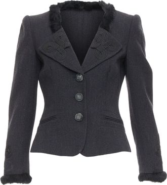 Emporio Armani grey virgin wool fur trim totem applique crop blazer IT42 M