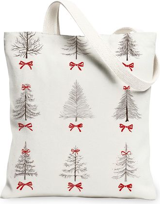Generic Christmas Trees Canvas Tote Bags, Vintage Elegant Reusable Grocery Bags, Lightweight Washable Shoulder Strap Canvas for Hol, White, 13x15 Inch