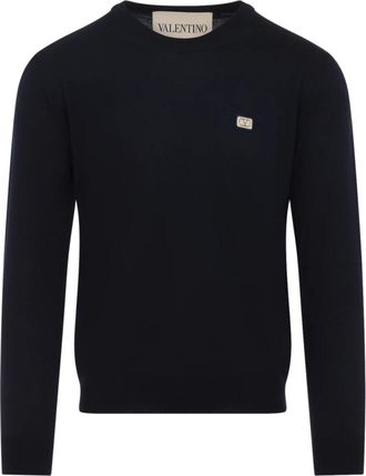 Valentino Round-neck Knitwear, male, Blue, Size: XL Wool Sweater with VG Embroidery