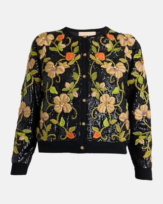 Valentino Garavani Sequined Floral Embroidered Crewneck Cardigan