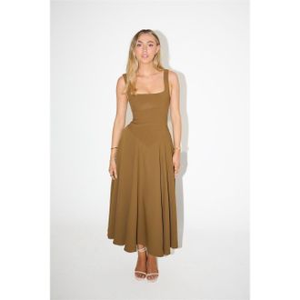 Odd Muse Womens The Ultimate Low Waist Square Neck Midi Dress in Olive - Size X-Small
