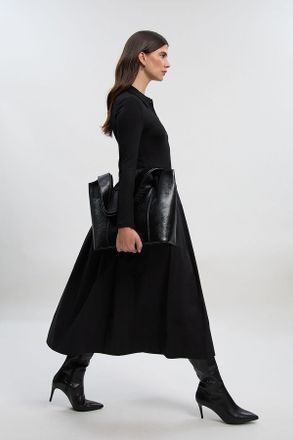 Karen Millen Womens Petite Viscose Rib Button Up Up Collared Shirt Maxi Dress - Black - Size X-Small