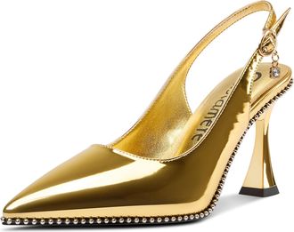Castamere Womens Slingback Kitten Heel Close Pointed Toe Pumps Court Shoe Chunky Wedding Party Dress Shoes 9 CM Heels Gold 6.5 UK