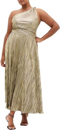 City Chic Kamila Metallic One-Shoulder Maxi Dress in Bronze at Nordstrom, Size Xxxs